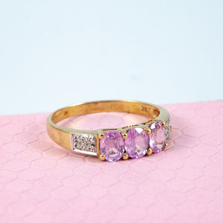 White Gold Pink Sapphire Trilogy Ring with Diamonds