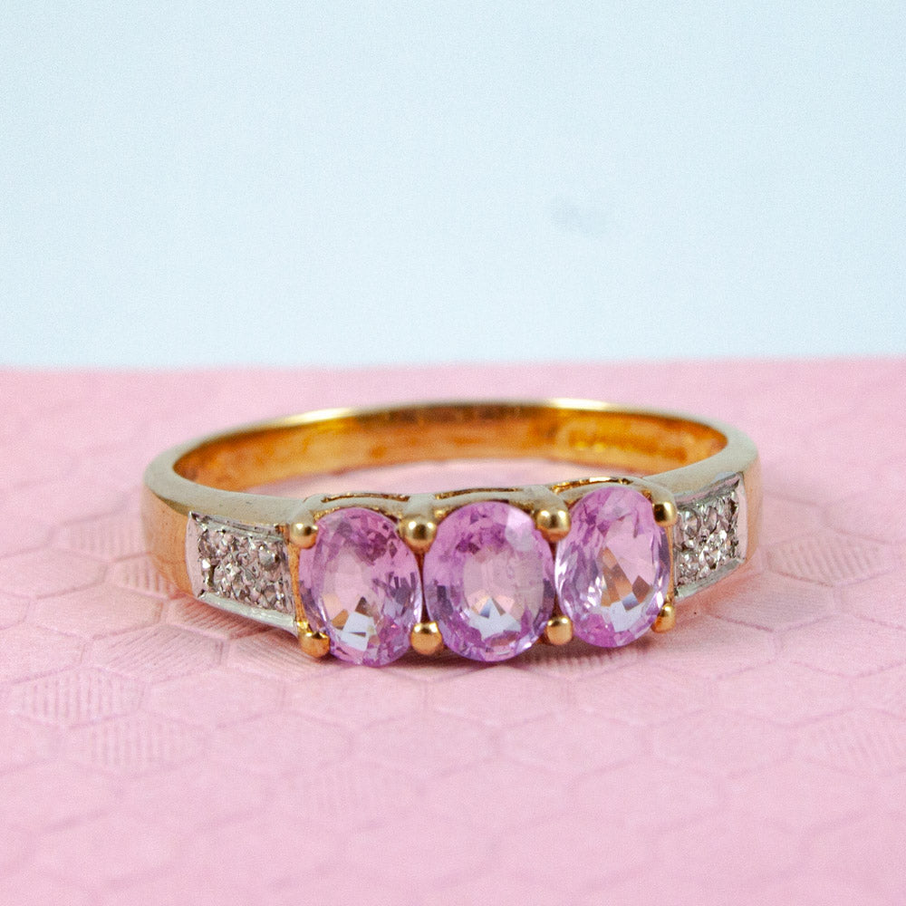 White Gold Pink Sapphire Trilogy Ring with Diamonds