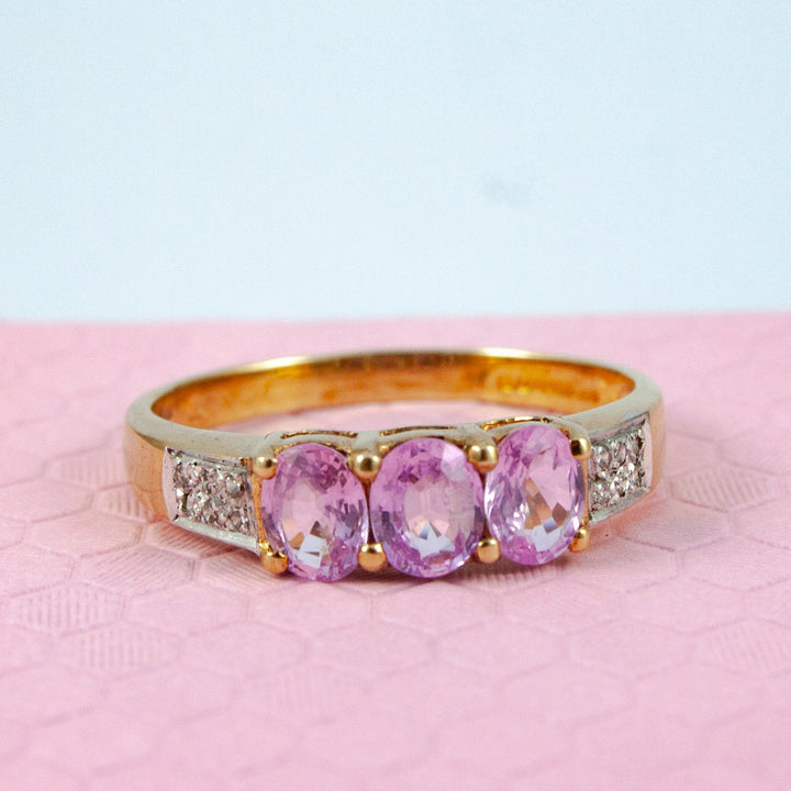 White Gold Pink Sapphire Trilogy Ring with Diamonds