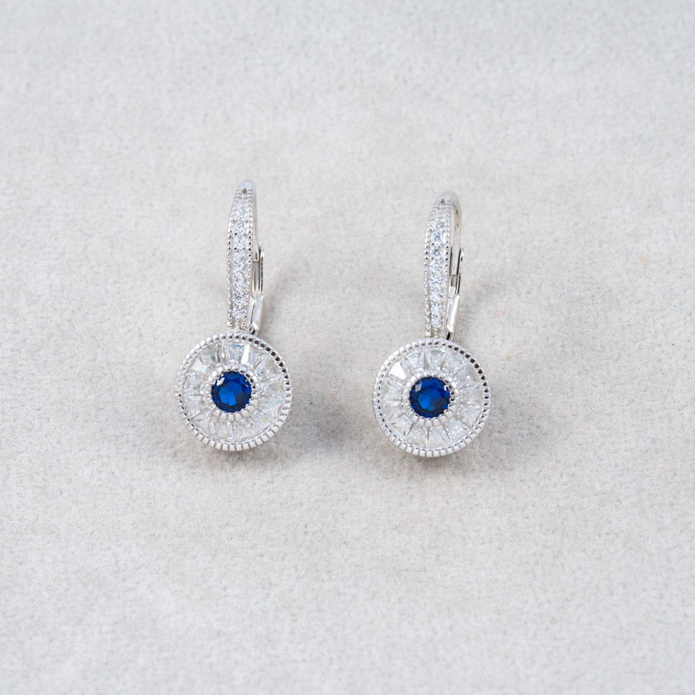 Silver Round Drop Earrings with White & Blue CZ
