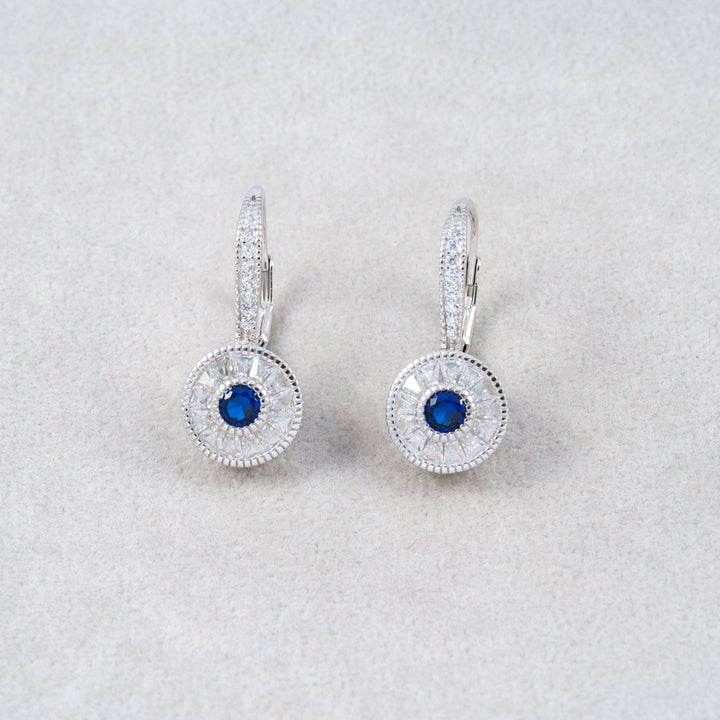 Silver Round Drop Earrings with White & Blue CZ