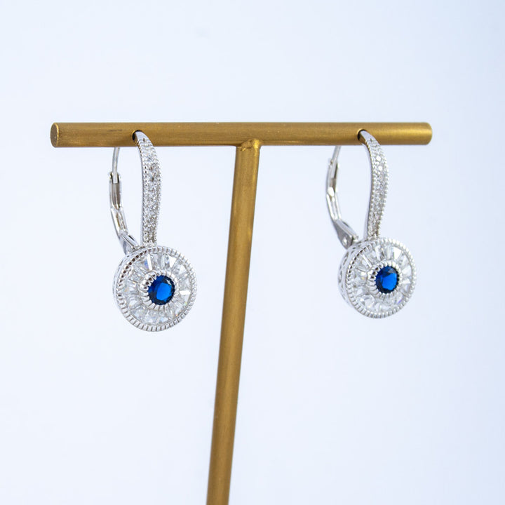 Silver Round Drop Earrings with White & Blue CZ