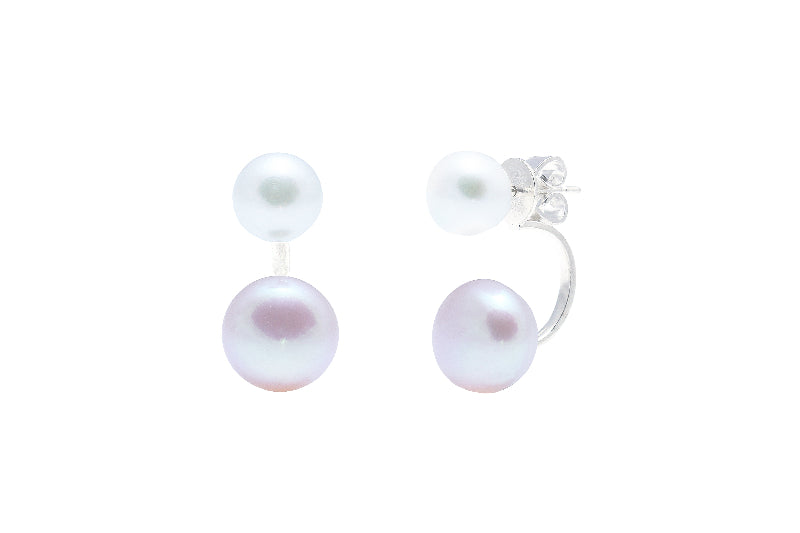 silver C-shaped pink and white pearl button earrings - Carathea jewellers