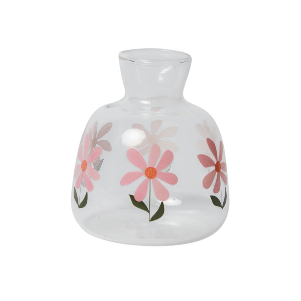 Belly Button borosilicate glass bud vase, clear with pink daisies on green stems round the body.