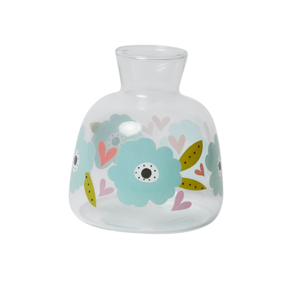 Belly Button Hearts & Flowers borosilicate glass bud vase, clear with pale blue flowers, green leaves and pink hearts.