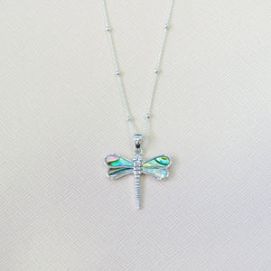 Silver and Paua Shell Dragonfly Pendant with Chain