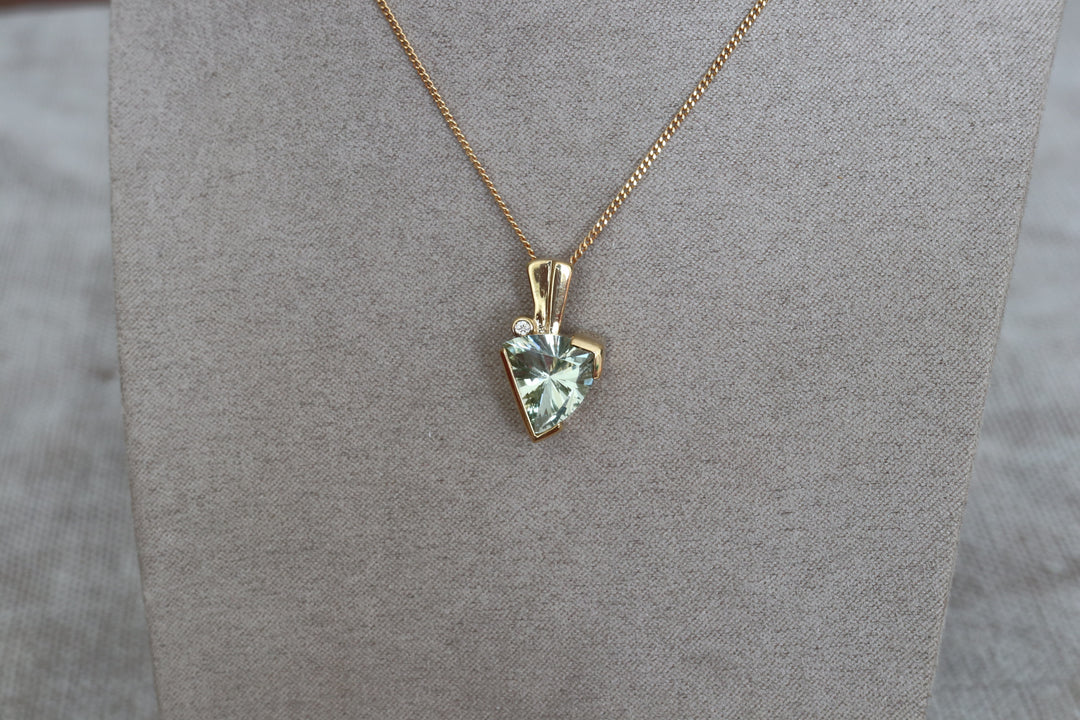 9ct Gold Green Amethyst and Offset Diamond Pendant