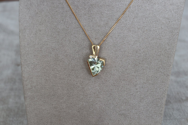 9ct Gold Green Amethyst and Offset Diamond Pendant