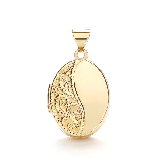 9ct Gold Oval Locket Half Engraved