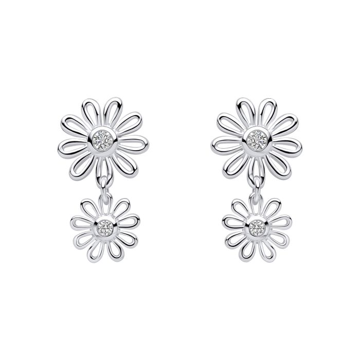 Silver daisy drop earrings with cubic zirconia centers.