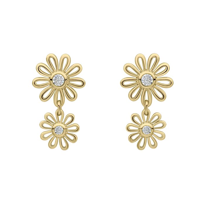 These are lightweight, yellow gold-plated, recycled sterling silver daisy drop earrings with a cubic zirconia center.