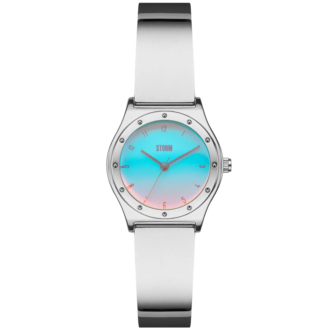 Aqua Marlena watch with a stainless steel case and aqua glass face.