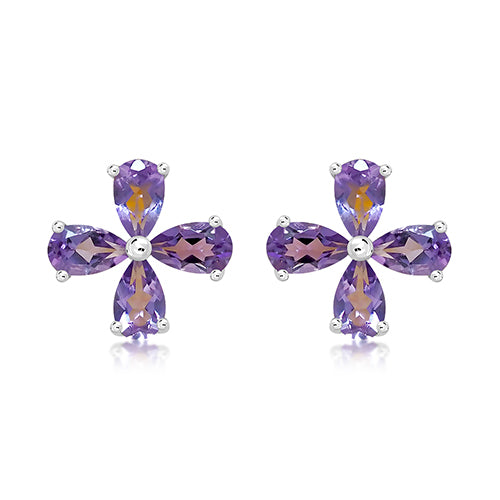 Silver Flower Stud Earrings with Amethyst