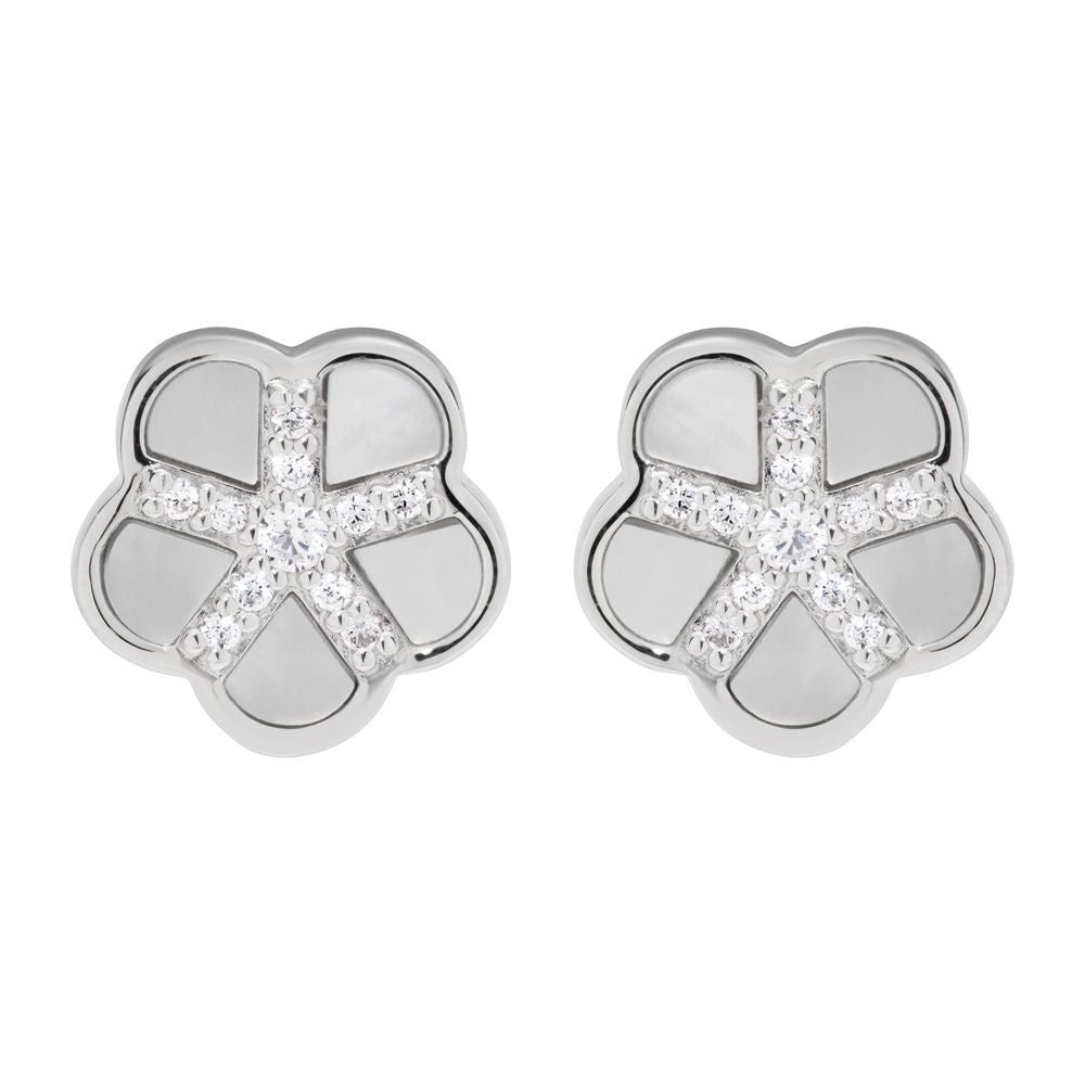 silver flower stud earrings with mother of pearl and CZ - Carathea