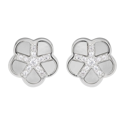 silver flower stud earrings with mother of pearl and CZ - Carathea