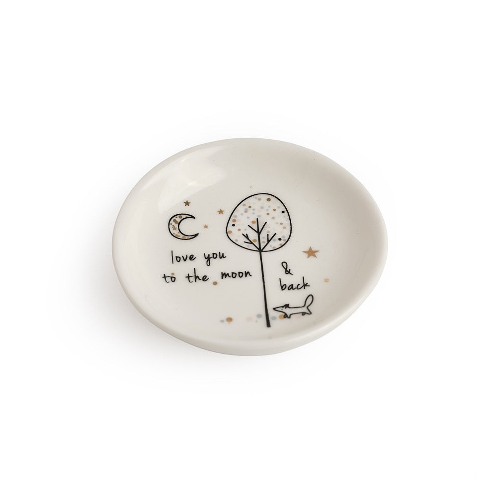 Belly Button mini trinket dish reading "love you to the moon & back", with a moon, stars, a tree and a small animal.