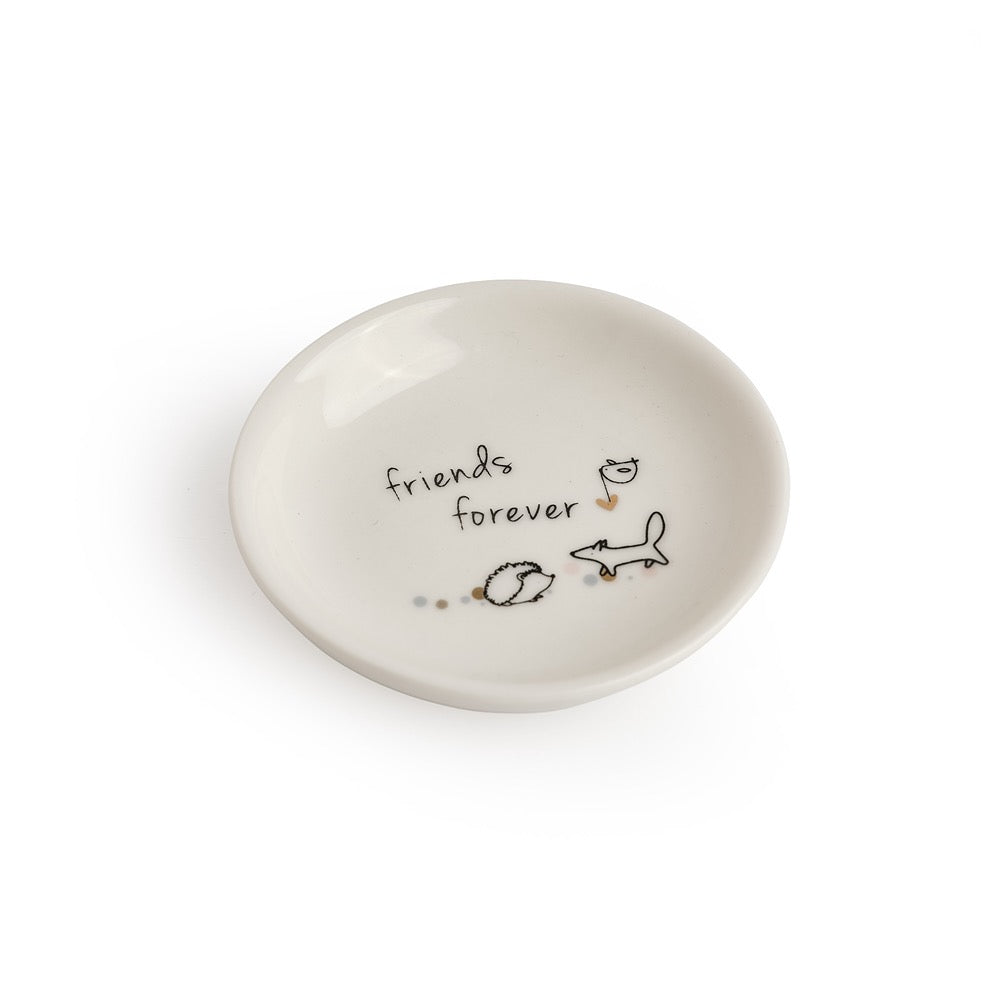 Belly Button mini trinket dish reading "friends forever", with a hedgehog, a bird and a small animal.