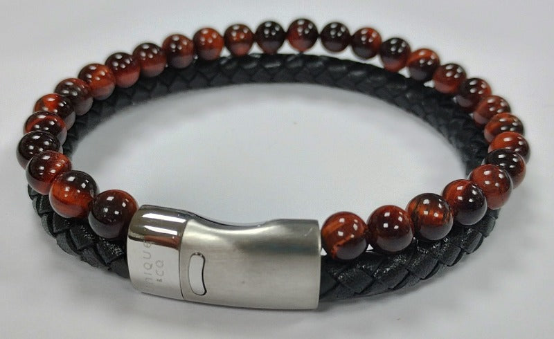 Men's Black Leather Bracelet with Red & Brown Beads