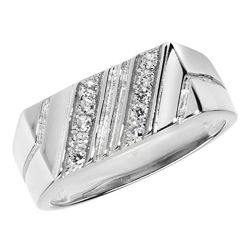 Men's Silver Ring with Diagonal Cubic Zirconia Stripes