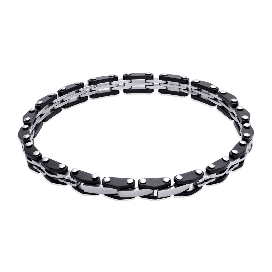men's bike chain style bracelet with steel and black IP plated links - carathea jewellers