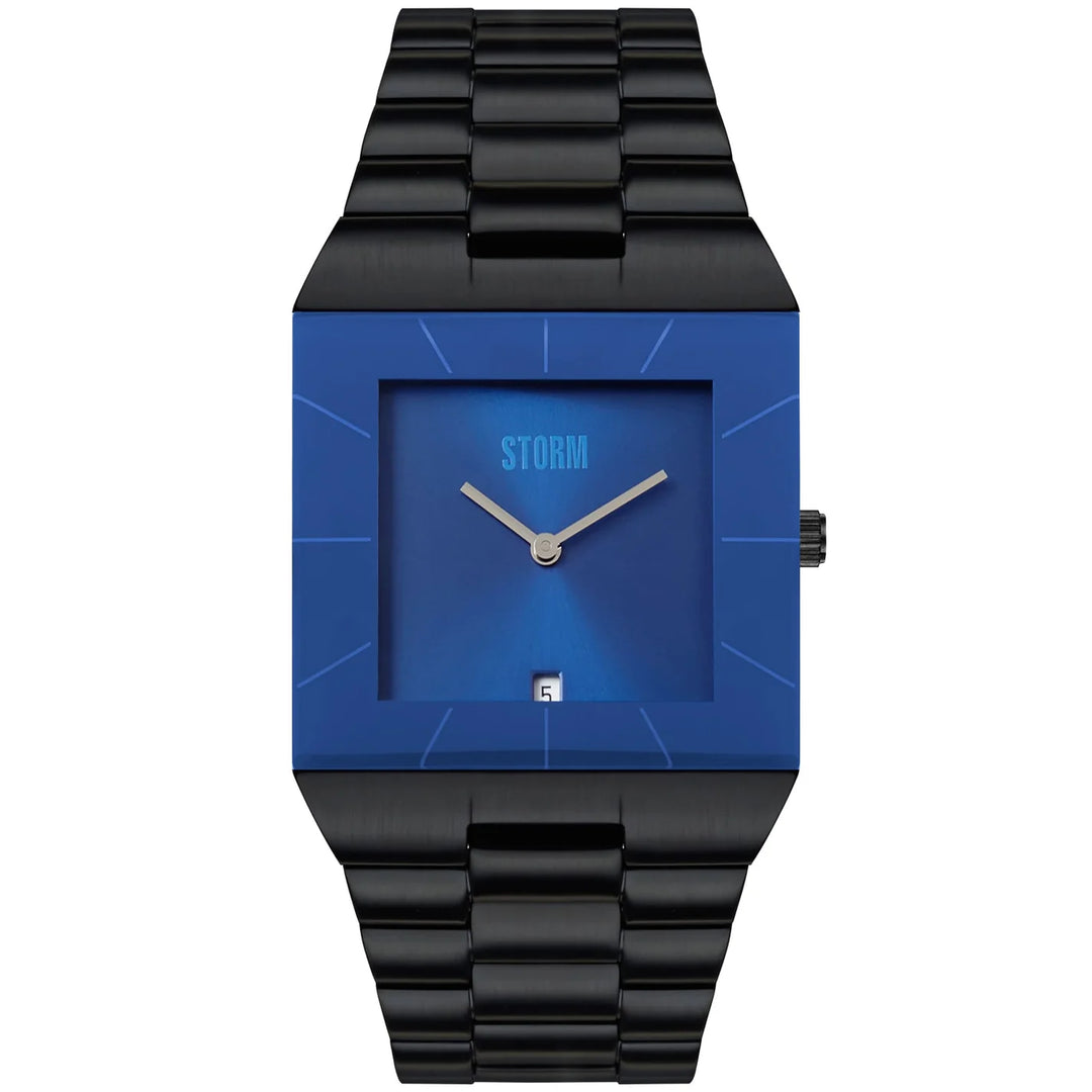 Storm Omari men's watch with a blue dial and black stainless steel band.