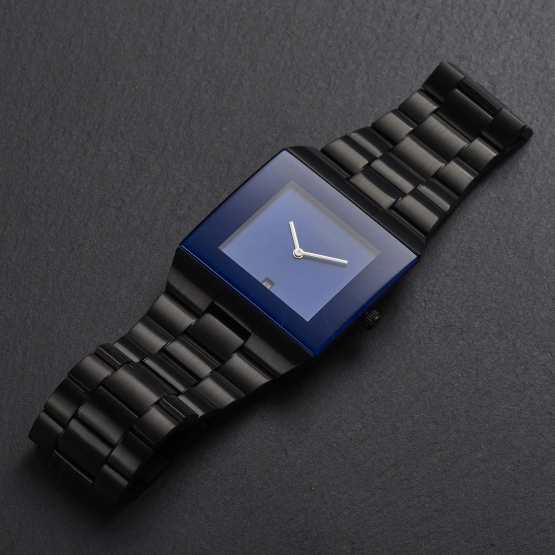 Storm Omari men's watch with a blue dial and black stainless steel band.