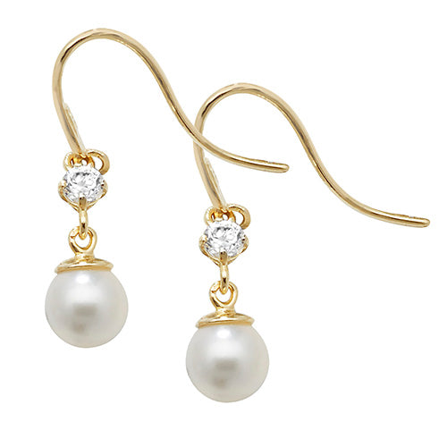 A pair of 9ct gold fish hook earrings which are embedded with a cubic zirconia and feature a white freshwater pearl which dangles below it
