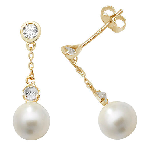 A pair of 9ct gold earrings embedded with two cubic zirconias and featuring a white freshwater pearl which dangle from a short gold chain.