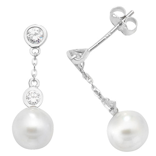 9ct White Gold Pearl Drop CZ Earrings