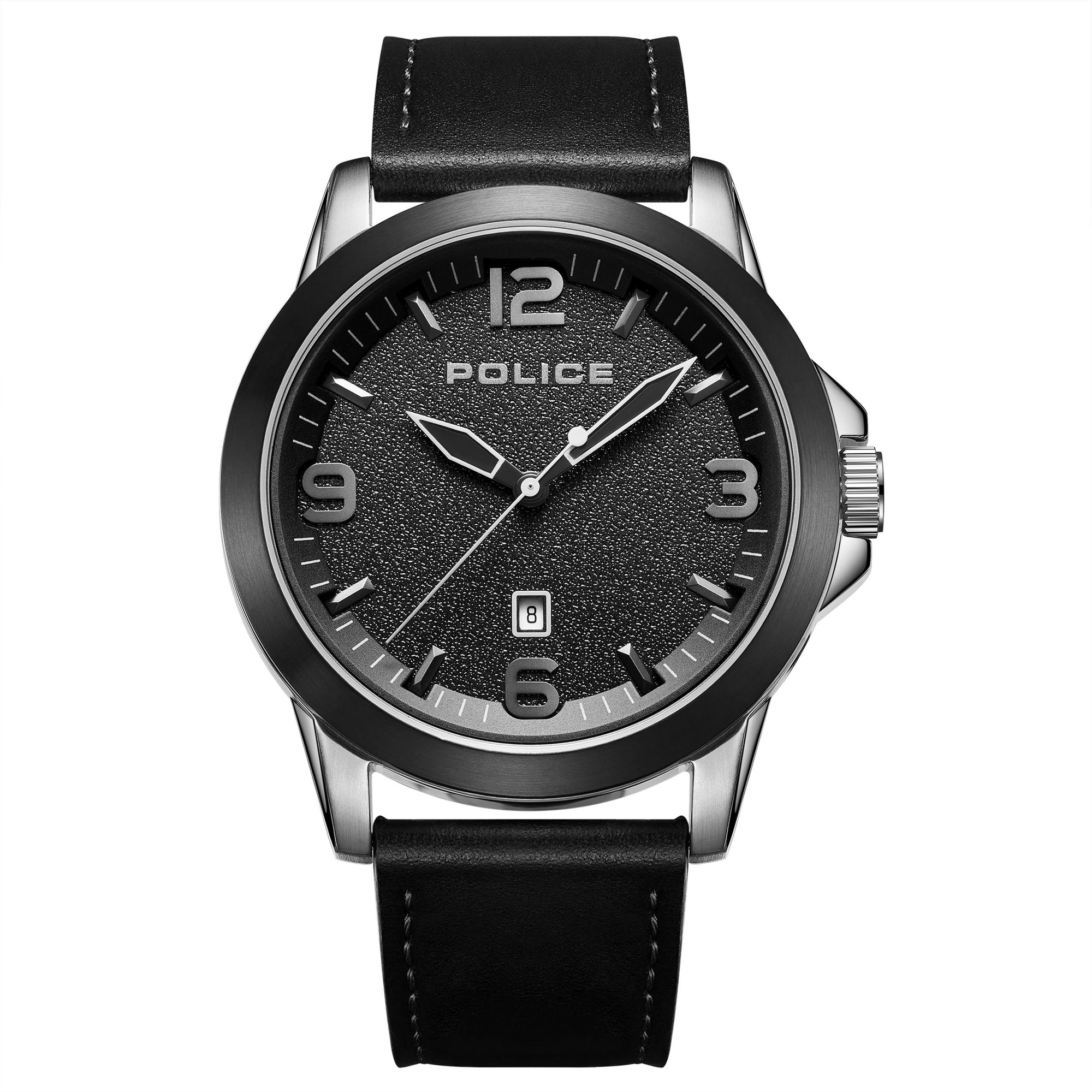 Men's Police Cliff Watch Black Leather Strap Silver Case