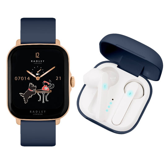 Radley Smartwatch in Navey with wireless headphones - Carathea