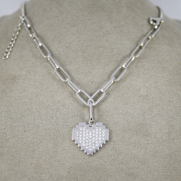 Silver Curb & Paper Clip Chain Bracelet with CZ Heart Charm