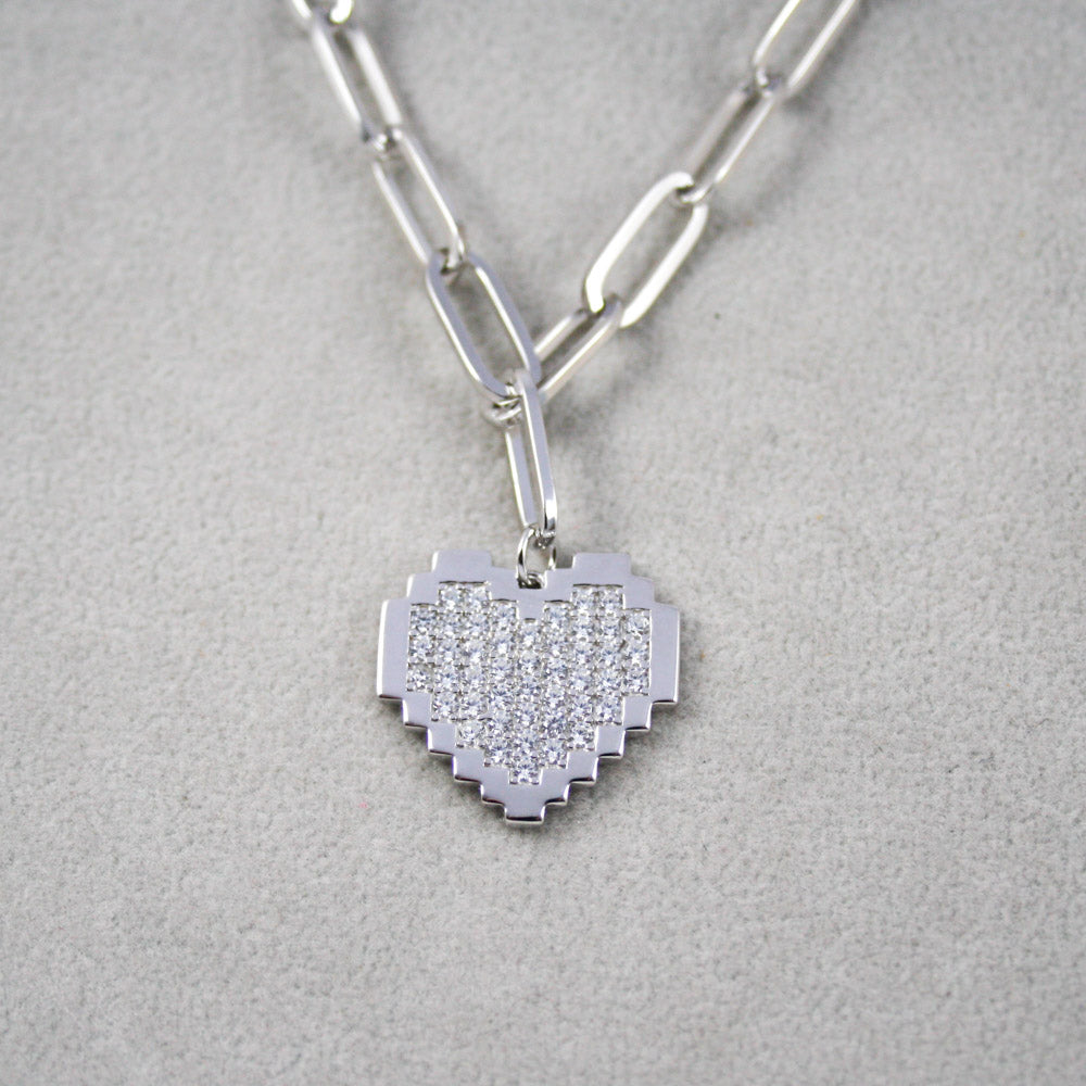 Silver Curb & Paper Clip Chain Bracelet with CZ Heart Charm