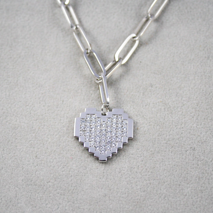 Silver Curb & Paper Clip Chain Bracelet with CZ Heart Charm