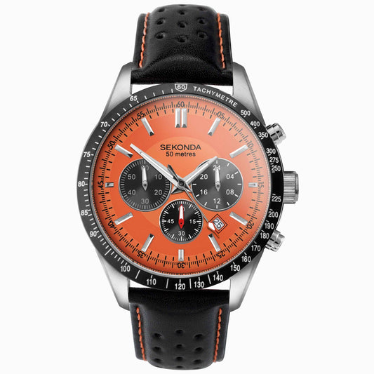 Men's Sekonda Velocity Chronograph Watch Orange Dial Black Strap 30020