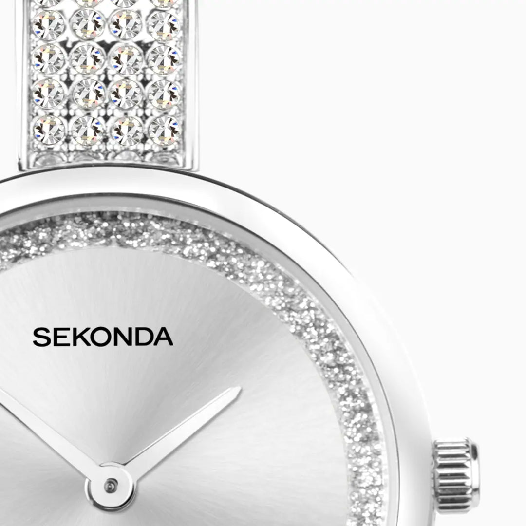 Sekonda Aurora watch with silver sunray dial and crystal bracelet.
