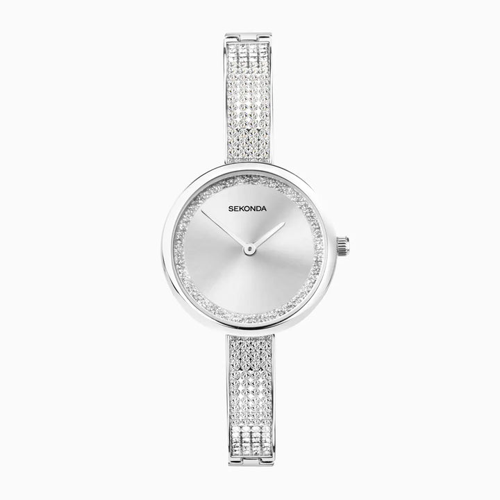 Sekonda Aurora watch with silver sunray dial and crystal bracelet.