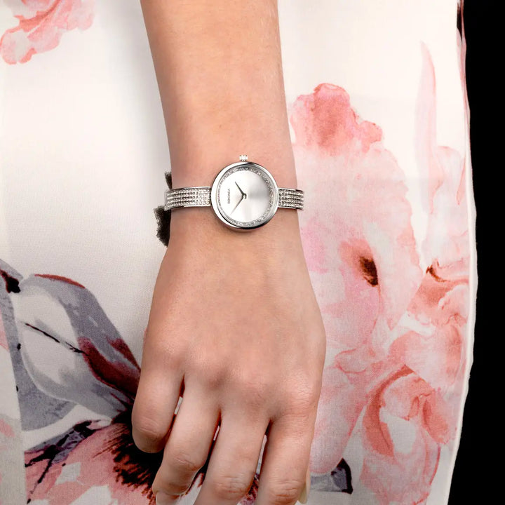 Sekonda Aurora watch with silver sunray dial and crystal bracelet.
