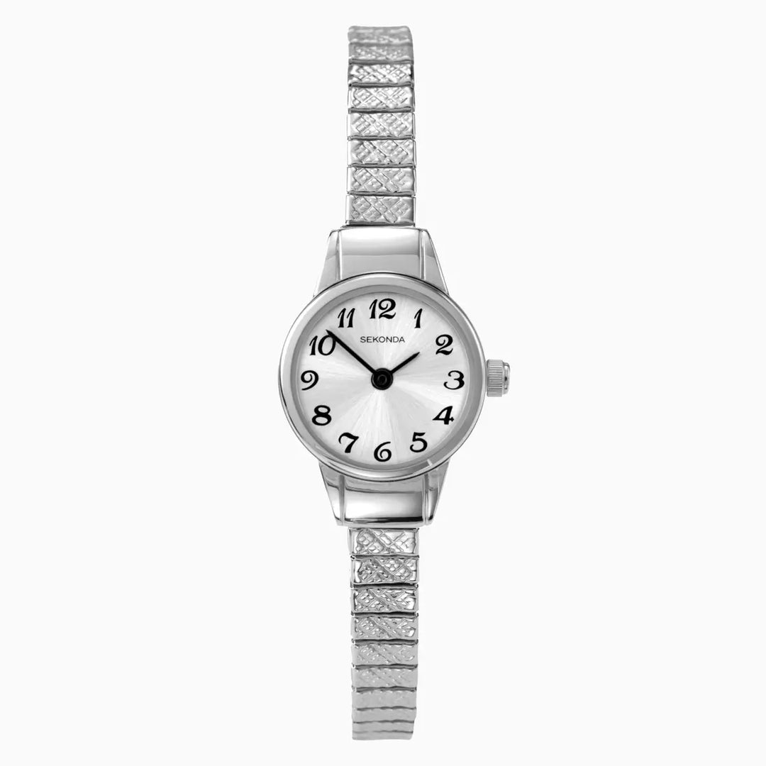 Sekonda Easy Reader watch with a white face and silver expander bracelet.