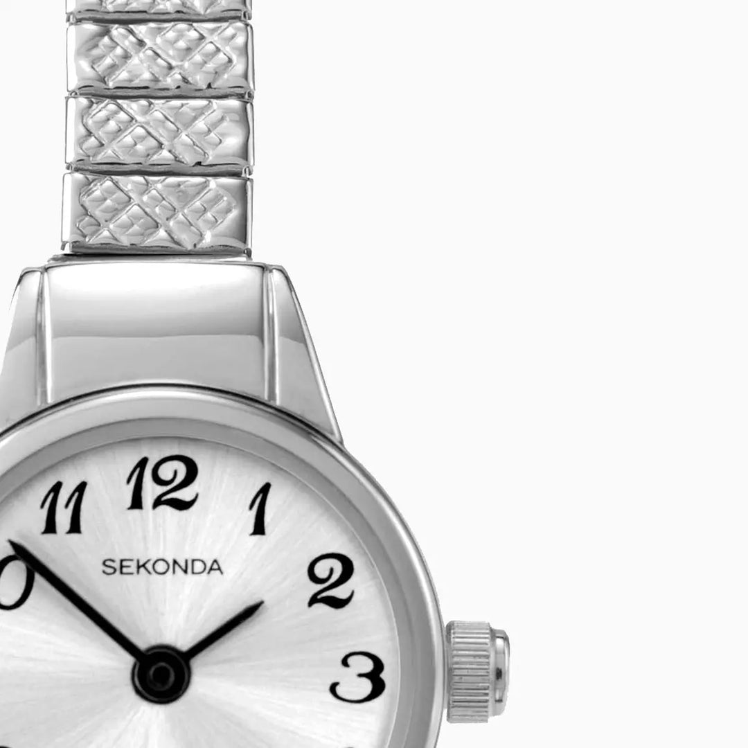 Sekonda Easy Reader watch with a white face and silver expander bracelet.