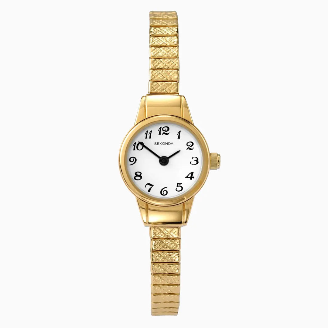 Gold Easy Reader watch with white face and gold expander bracelet.