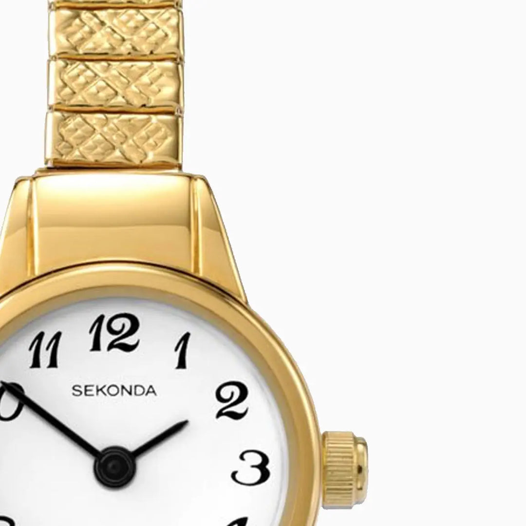 Gold Easy Reader watch with white face and gold expander bracelet.