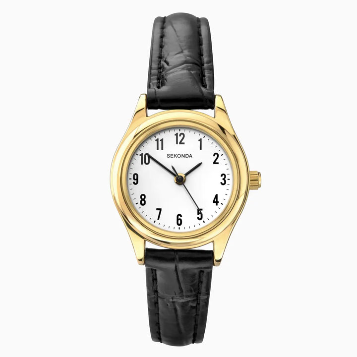 Sekonda easy reader watch with gold case and black leather strap.