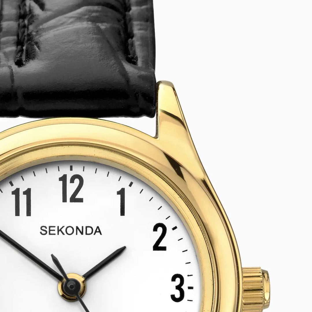 Sekonda easy reader watch with gold case and black leather strap.