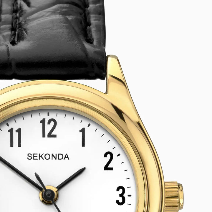 Sekonda easy reader watch with gold case and black leather strap.