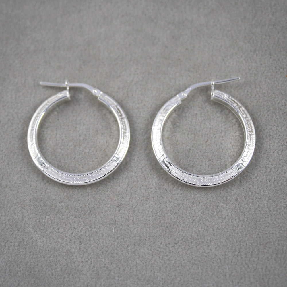 Silver Greek Key Design Hoop Earrings