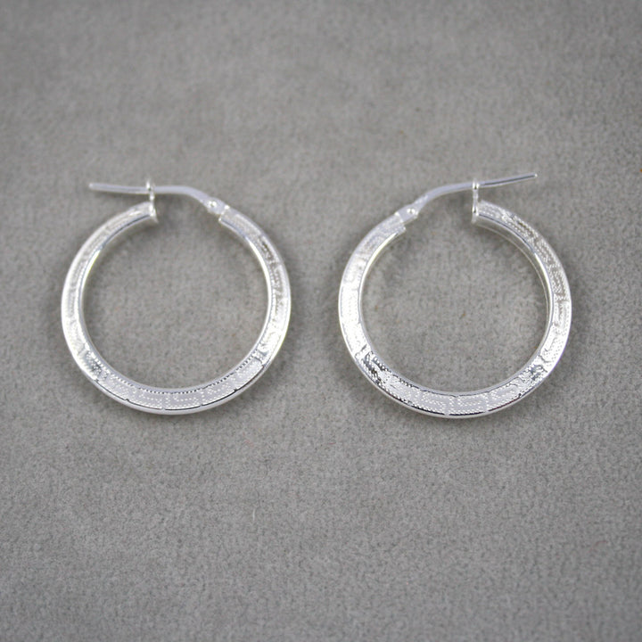Silver Greek Key Design Hoop Earrings