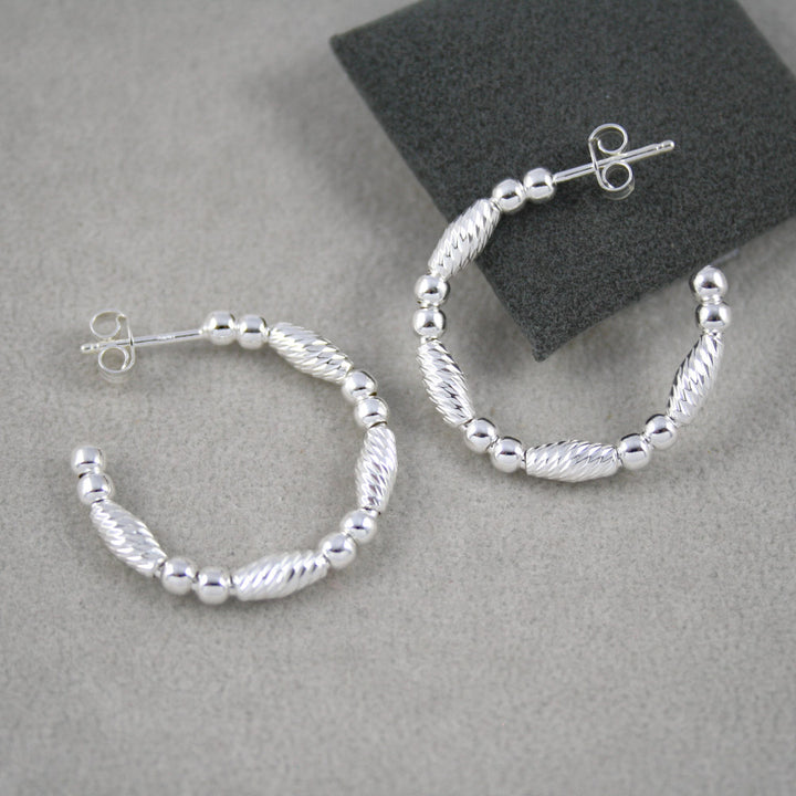 Silver Beads & Twist Design Hoop Earrings