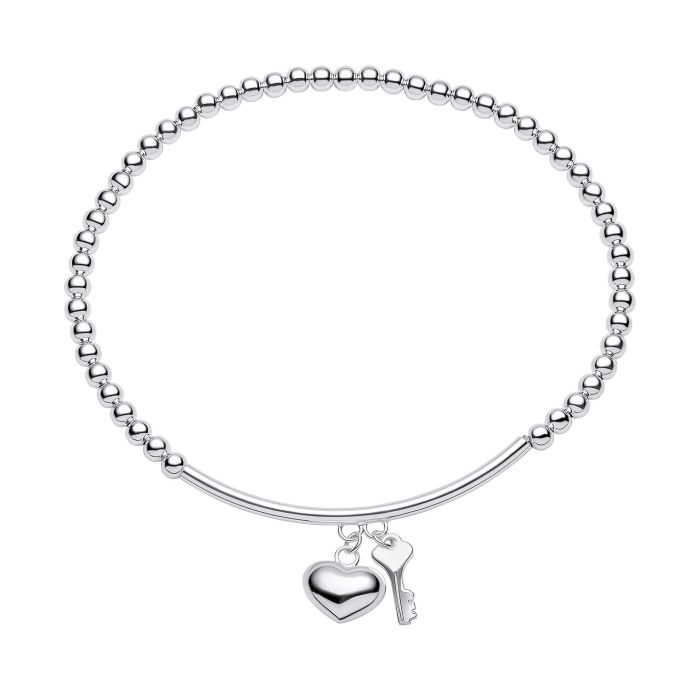 Sterling silver beaded bracelet with heart and key charms.