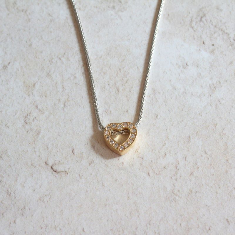 Silver and Gold Open Heart Slider Necklace with Pave CZ